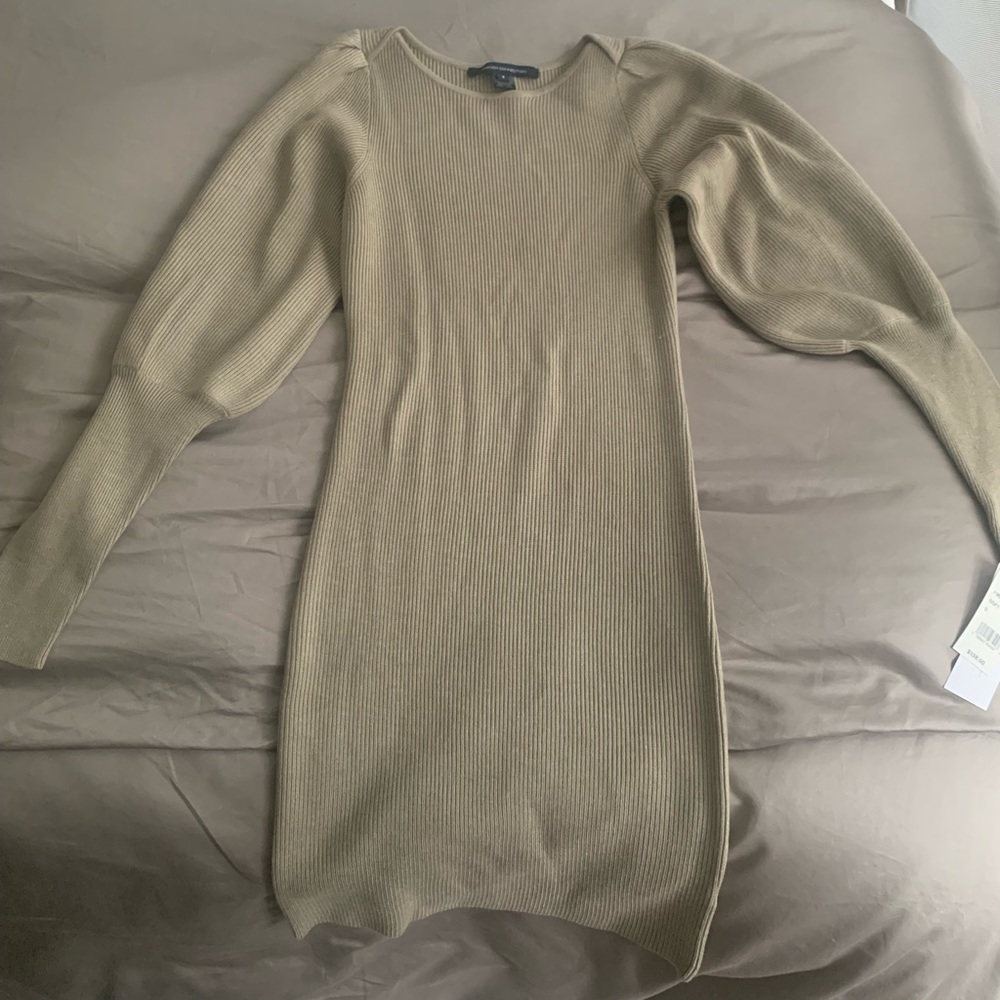NEW: French Connection Size S Sweater Dress with Puff Sleeve in Soft Truffle